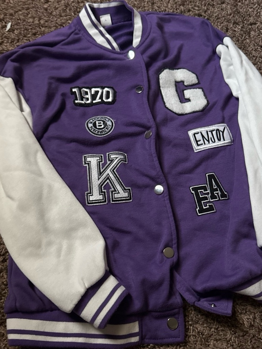 SHEIN Purple and White Kids Varsity Letterman Jacket with Patches